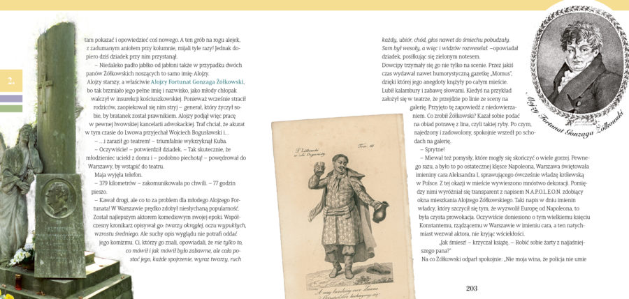 Tekst opatrzony zdjęciem nagrobka o kształcie kolumny, oraz dwoma ilustracjami – sylwetką mężczyzny i jego portretem.