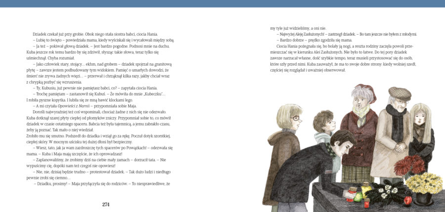 Ilustracja, rodzina składa kwiaty i zapala znicze na grobie. Rysunek znajduje się pod prawą kolumną tekstu.
